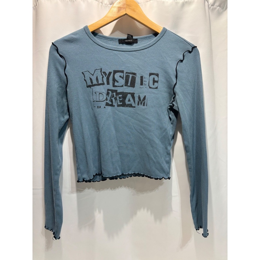 Forever 21 Graphic Top Womens Medium Blue Mystic Dream Lettuce Edge